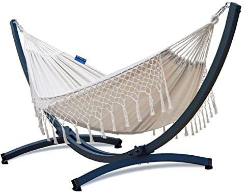 Potenza Outdoor Hängematte mit Prime Aluminium Gestell für 2 Personen I Baumwolle Doppelhängematte XXL 220x160, 200kg I Hängemattengestell 200 kg, wetterfest (Santia-Ecru, Basic Gestell Graphit)
