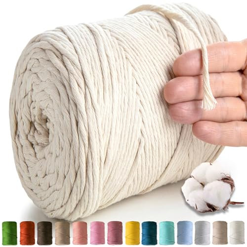 MeriWoolArt® Corda di Cotone 4mm 225m Corda Macramè Naturale, Filato Morbido per Tessuto da Parete, Macrame Fatto A Mano Parete Appeso Boho, Piume Macramè Acchiappasogni, Decorazione Macramè Fai Da Te