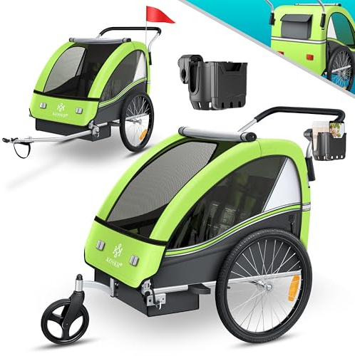 KESSER® Kinderfahrradanhänger Sport-RX 2in1 Jogger & Buggy 5-Punkt-Gurt Sicherheitsgurt 360° Vorderrad Kinderfahrradanhänger Reflektoren für 1-2 Kinder (max. 40 kg) Getränkehalter & Smartphonefach