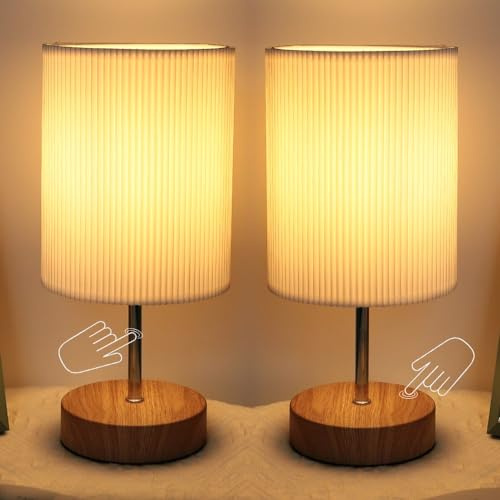 Nachttischlampe, Touch Tischlampe mit Kabel für Schlafzimmer, Holzmaserung | HSLighting Tischleuchte, 3D-Falten Stoffschirm 3-Stufig Dimmbare Warmes Licht für Nachttisch Wohnzimmer Geschenk, 2stk