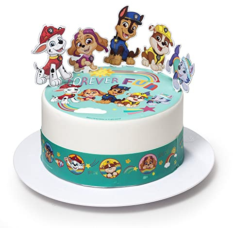 Kardasis Paw Patrol Tortenaufleger Essbar 20 cm Kuchen Deko Cake Topper | Essbarer Paw Patrol Tortenaufleger 20cm mit 3 Bändern 28x5cm und 4 Papierfiguren für einfache Geburtstagstorten Deko zu Hause