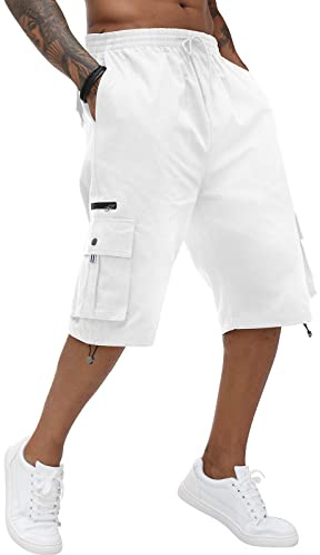 Pantalones cortos cargo de algodón para hombre, cintura elástica, pantalones capri hasta la rodilla con múltiples bolsillos, blanco, 3XL