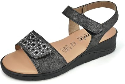 JOMIX Sandali Donna Estivi con Zeppa Bassa in Vera Pelle Eleganti con Strass Comodi con Chiusura a Strappo Made in Italy TD2942 Nero 41