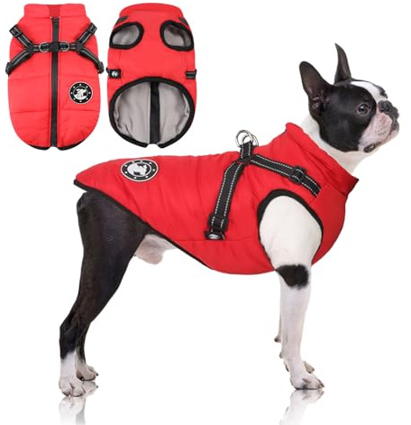 LUOWAN Hundemantel mit Geschirr Winter Hundemantel für Kleine Hunde Hundejacke Leichtes An- und Ausziehen Warm und bequem Reflektierend Wasserdicht