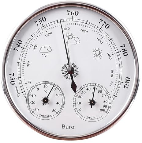 Barometer, Außenbarometer, Barometer, Thermometer, Hygrometer, 128 mm, Zifferblatt-Barometer, 3-in-1 analoge Wetterstation, Wetterbarometer für die Hauswand, für Zuhause, Innenbereich, Büro (Silber)