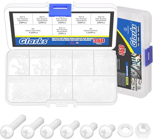 Glarks 360pcs m2 x 4/5 / 6/8 / 10 / 12mm nylon crosshead vis écrou rondelle Kit, blanc nylon crosshead vis machine pour une variété d'applications de fixation industrielle