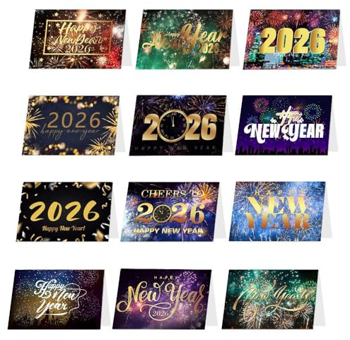 Happy New Year Cards 2026,New Year Gifts Cards Set Black and Gold Greeting Cards with Envelopes and New YearStickers for NewYears Eve Party Supplies,12 Pcs
