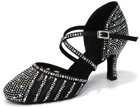 YCALCP Scarpe da Ballo Donna Latinocon Strass Nero Punta Chiusa Salsa Ballroom Bachata Tango Scarpe da Ballo, 39 EU
