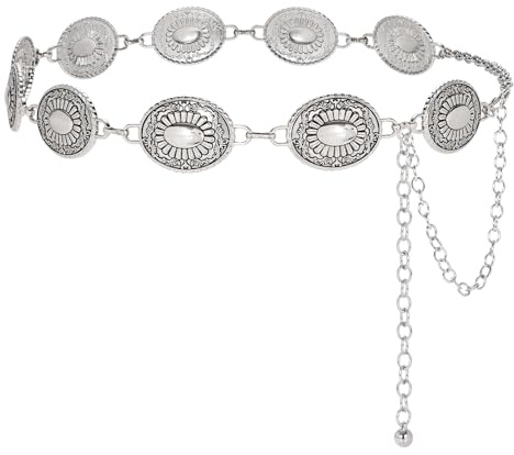 LEACOOLKEY Women Western Concho Metal Chain Belt Cowgirl Boho Waist Belt for Dress Jeans,Silver