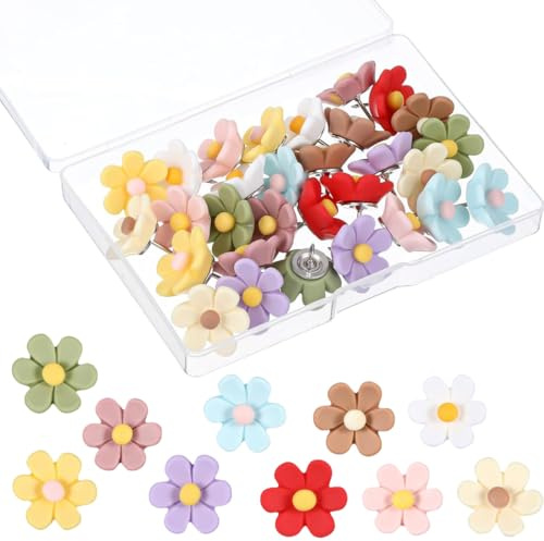 BQRKOTM 20 Stück Blumen Reißzwecken Heftzwecken Blumen Pinnnadeln für Korktafeln, Pins für Pinnwand, Dekorative Stecknadeln, Reißzweckenbrett, Pinnwand für Büro, Schule, Zuhause