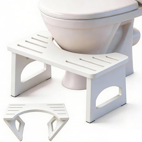 RayLove Klappbarer Toilettenhocker aus Holz, Physiologischer Toilettenhocker aus Holz, 35 Grad strapazierfähiger C förmiger Hocker (Hellweiß)