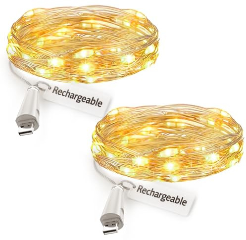 leegoal Luci a Catena Ricaricabili USB, 2m 20 LED Luci a Batteria, Filo Rame Impermeabile Camera Matrimonio Natale Festa DIY Decor(Bianco caldo, Confezione da 16)