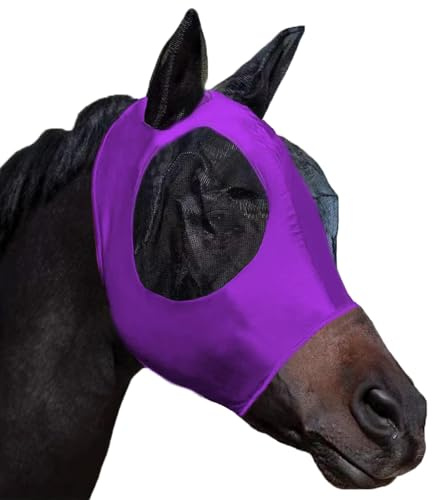 HUAME Máscara de mosca de caballo con orejas, tela elástica de ajuste cómodo con protección UV, suave en la piel, transpirabilidad para caballos de tamaño pequeño/mediano (morado)