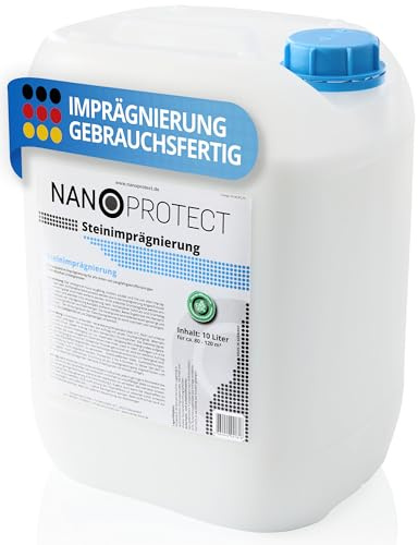 Nanoprotect Steinimprägnierung - 10 L für 80 – 120 m² - Außen und Innen | Wasserabweisende Profiqualität für Terrasse, Einfahrt, Gehweg, Dach, Fassade | Atmungsaktiv | Gegen Schmutz und Grünbelag