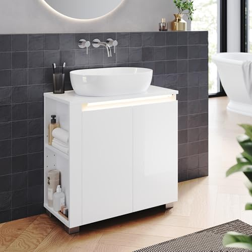 ELEGANT 600mm Bathroom Vanity Unit with Motion Sensor Light and 2 Doors | Cabinet with Side Shelves, Freestanding Under Sink Storage for Bathroom & Cloakroom, Vessel Basin NOT INCLUDED