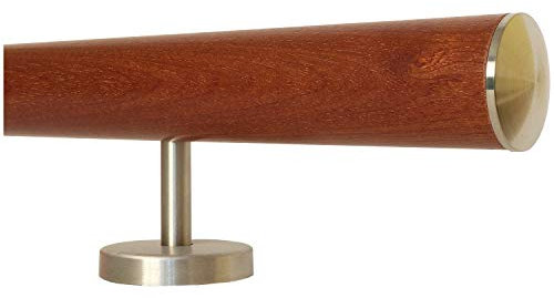 TIBU Mahagoni Geländer Handlauf Treppe Holz Griff 30-500 cm gerade Edelstahl Halter, Länge 220 cm mit 3 gerade Halter - Enden leicht gewölbte Edelstahlkappe