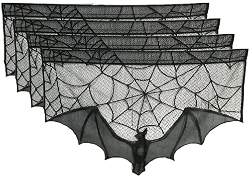 Hengqiyuan 4 Stück Transparenter Voile Scheibengardine Spinnennetz Dekorative Vorhänge Halloween Party Dekoration von Tisch, Haus und Garten,Schwarz
