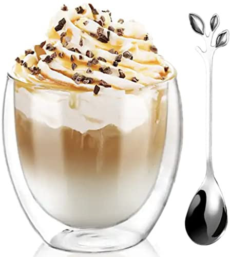 R&SB 250ml Double Walled Glass Coffee Mug, Cappuccino Latte Macchiato Tea Milk Glass Cups Heat Resistant Cup (Without Handle), with Stainless Steel Spoon