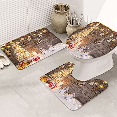 ASEELO 3 Stück Badezimmer Teppiche Set Weihnachten und Schneemann Bad Duschmatte und U-förmiger WC-Vorleger mit Deckelbezug für Badewanne Dusche Badezimmer