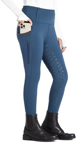 FitsT4 Sports Girls Riding Pants Full Seat High Waist Kids Equestrian Breeches Horse Schooling Tights Zipper Pockets Peacock Blue Size M