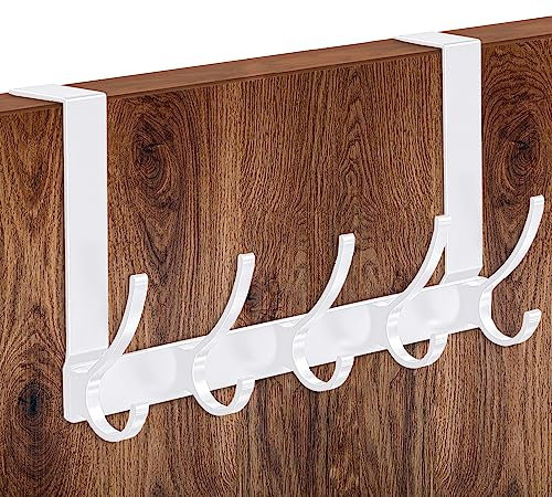 MIVITOOM Over Door Hanger with 5 Hooks,Heavy Duty Hooks for Coat, Towel, Keys and Bag Storage (White), 11CM-WHITE-5HOOKS