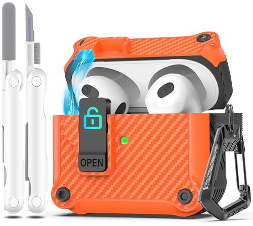R-fun - Funda para AirPods de 3.ª generación 2021, protección Total contra caídas, Tapa emergente automática para Apple Airpod 3 Gen con Kit de Limpieza y Llavero,Fibra de Carbono Naranja