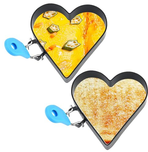 Eierring, 2 Stück, antihaftbeschichtet, 10,2 cm, herzförmige Eierringe zum Braten von Eiern, mit Silikongriff, Eierform aus Edelstahl für Frühstückssandwiches, Grillplatte im Crumpet-Stil, 2 Spiegelei