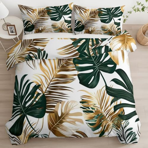 Or Parure de Lit 240 x 220 Feuilles Tropicales Feuilles de Palmier Housse de Couette Imprimé Microfibre Confortable Ensemble de Literie avec Fermeture Éclair et 2 Taies d'oreiller pour Garçon Fille