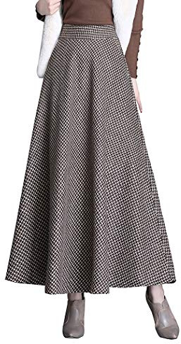 BiilyLi Gonna Lunga Inverno Donna Vintage Vita Alta Elegante Quadri Lana Maxi Skirt A-Linea Gonne 1951 Khaki -XXL