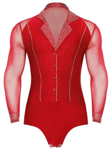 Freebily Herren Body Langarm Einteiler Glitzer Strass Mesh Latein Tanz Hemdbody Mit Revers Ballsaal Standard Tanz Kostüm Leotard Rot 3XL