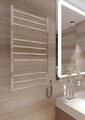 Elna Chrom Handtuchheizkörper 147W – 1005 x 530 mm – Elektrisch – Edelstahl Heizkörper mit Thermostat & Timer – IP44 – Wandmontage – Glänzender Handtuchtrockner für Bad & Wohnung