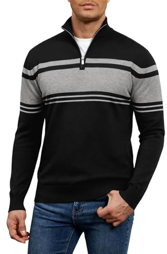 Genfien Jersey para Hombre con Cremallera Cuello Alto Jersey de Punto Manga Larga Rayas Clásicas Suéter Invierno Caliente Slim Fit
