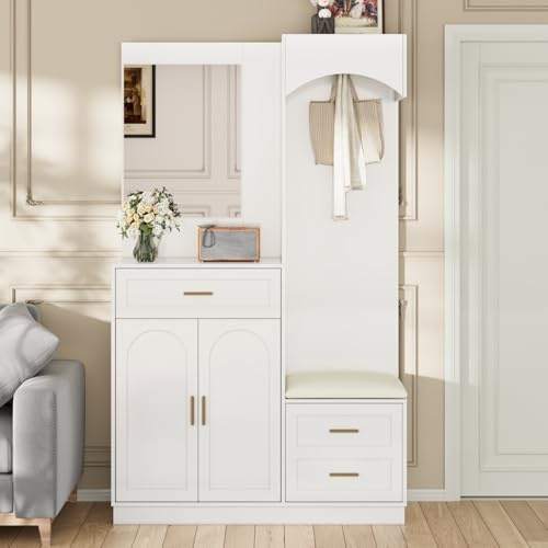 PUGSDRLY Ensemble de vestiaire Comprenant 5 patères, Un Miroir, Armoire à Chaussures, Armoire encastrée avec étagère supérieure, des tiroirs (White 110 L x 33 B x 185.5 H)