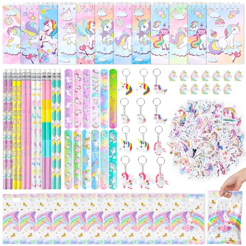 HaPwan Set di 122 bomboniere per feste di compleanno per bambine, set con taccuino, matita, adesivi, braccialetto a scatto, portachiavi e molto altro ancora, sacchetti regalo per compleanno