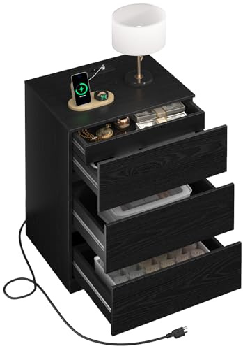 Asgolion Nachttisch, Beistelltisch mit Steckdosenleiste, mit versteckter Schublade, 2 AC-Steckdosen, 1 USB-A-Anschluss, 1 USB-C-Anschluss, 4 Schubladen, modern, Schwarz EU25NS661B | Beistelltisch mit 2 Steckdosen, 1 USB-A-Anschluss und 1 USB-C-Anschluss, moderner Stil, EU25NS661B