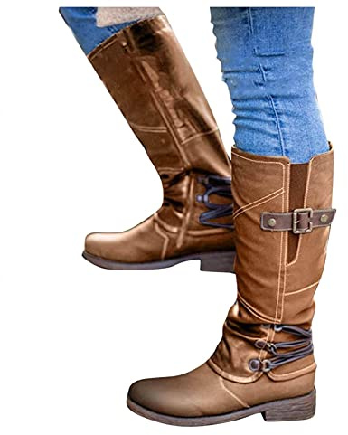 Hbeylia Boots For Women Vintage Fashion Casual Leather Round Tie Chunky Block Low Heels Motorcycle Riding Mid Calf Boots Retro Slip On Work Boots With Metal Buckle Winter Short Boots For Ladies