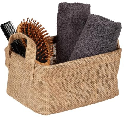 WENKO Aufbewahrungskorb Juna S, dekorativer Korb zur übersichtlichen Aufbewahrung von Accessoires wie z. B. Kleidung mit zwei praktischen Griffen, Außenmaterial 100% Jute, 20 x 15 x 15 cm, Braun