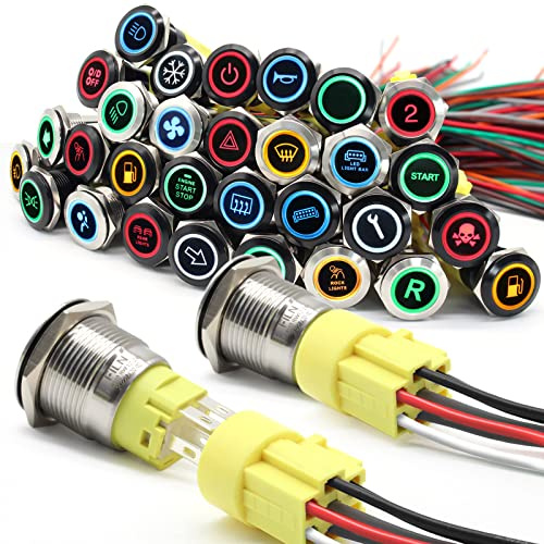 FILN 2stück 19mm(3/8) Metalldruckschalter Automobil Boot Marine Autoschalter Rot Grün Gelb Blau Weiß 12V LED IP67 wasserdicht mit Momentan Verriegelung(Rostfreier Stahl-Momentan,rotWeiß-2stück)