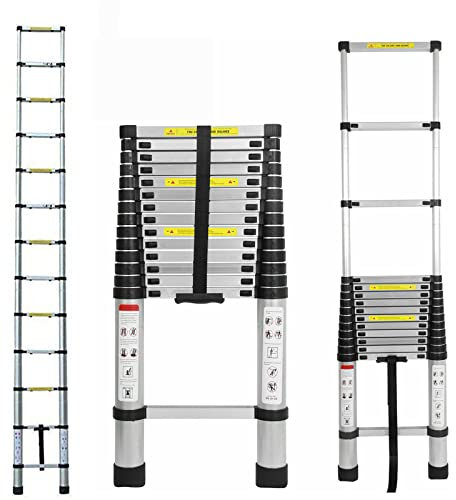 Scala telescopica in alluminio, da 5 m, pieghevole, multiuso allungabile, 13 gradini, antiscivolo, 93 cm - 5 m, portata 150 kg, EN131