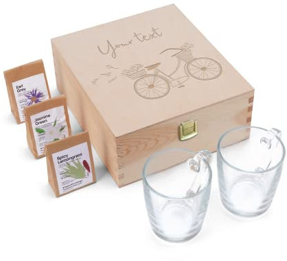 Personalisierte Teebox mit Namen oder Text - Teebox mit name aus Holz mit laser gravur (Teekiste mit 2 Gläsern und Tee)
