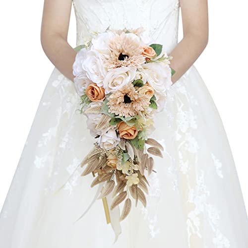 URFEDA Bouquet de Mariée Cascade Artificiel, Romantique Vintage Bouquet de Soie avec Feuille et Long Tige Artificielle Fleurs pour Mariage Bouquets Mariée Fête Accueil Décorations