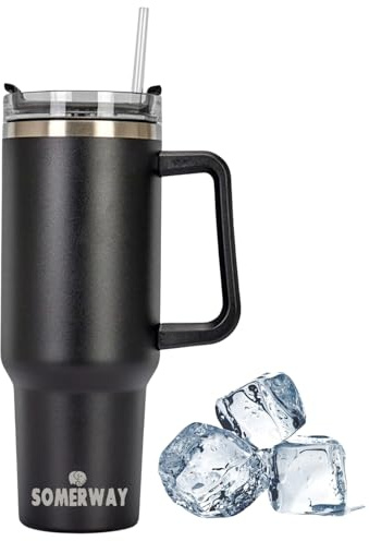 Somerway 1182ml 40oz Kaffeebecher to Go, Doppelwandiger Edelstahl Vakuum Isolierbecher mit Griff und Stroh, Tragbare Autobecher Becher Tumbler Thermobecher Kaffeetasse für Heißer und Kalter Getränke