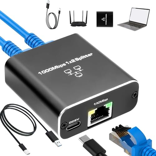 Switch Ethernet 1 à 2,Répartiteur réseau RJ45,Adaptateur Ethernet 1000Mbps,Plug-and-Play, avec Port d'alimentation USB pour Ordinateur,positionnement Bureau ou Mur