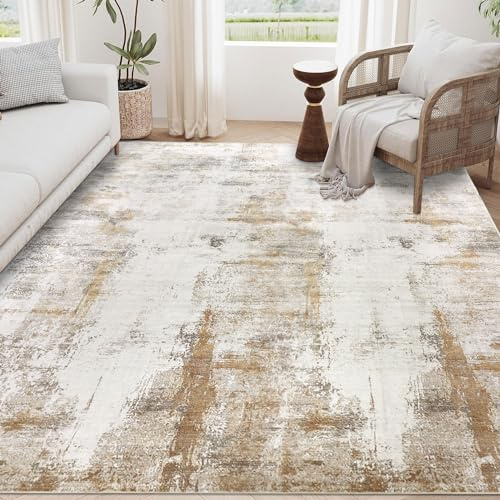 famibay 5x8 Area Rug, Abstract Washable Rugs for Living Room Low Pile Neutral Area Rug for Bedroom Aesthetic Non Slip Rubber Backed Carpet Rugs for Living Room Bedroom Dining Room(Beige/Camel)