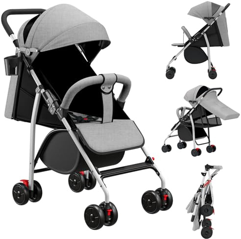 Kinderwagen 2-in-1, Zusammenklappbar Kinder Baby Buggy, Zweckmäßiger Leicht-Buggy mit mit Faltbarem Verdeck und 5-Punkt-Sicherheitsgurt, Stoßfesten EVA-Schaumrädern, Sitzen und Liegen (Grau)