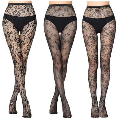 GOZINA 3 paia di collant fantasia per le donne collant a rete neri per le donne moda pizzo floreale collant a vita alta calze a rete collant, Nero 1, Taglia unica