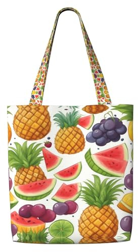 Lootpe Wiederverwendbare Einkaufstasche, Motiv: frische Früchte, Ananas, Beeren, Trauben, Orange, Polyester, lässige Handtasche, praktische faltbare Einkaufstasche.