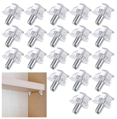 Shelf Support Stud Pegs, 20 PCS 5mm Transparent Shelf Support Pegs Clear Plastic Replacement Peg Cupboard Shelves Supports Pins Cabinet Shelves Pins Bracket Steel Pin for Cabinets Bookcase Cupboard