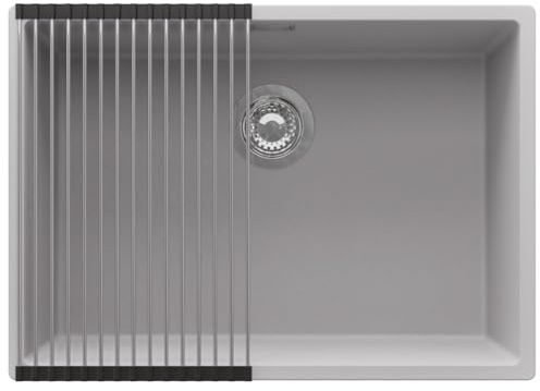 PRIMAGRAN Fregadero bajo Encimera al Mueble 70cm + Kit de desagüe, 66x47cm | Set: Kit de desagüe (sifón, válvula, rebosadero) + Enrollable Escurridor + London 1 Seno para Cocina, Gris