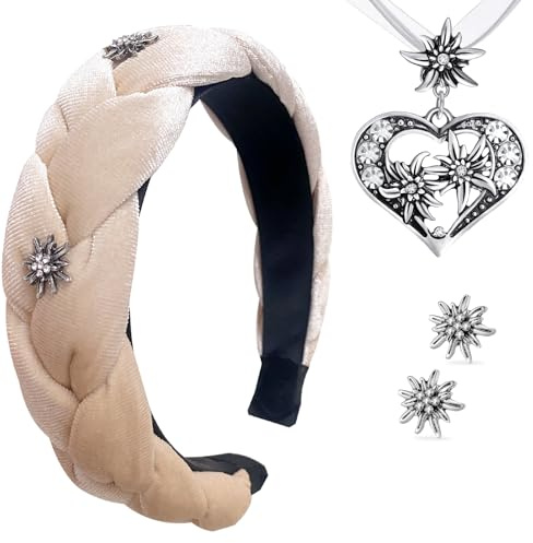 WWISTOA Samt Haarreifen Dirndl Haarreif Damen Dirndlschmuck 3 Stück Trachtenschmuck Edelweiß Halskette und Ohrstecker Bierfest Trachten Dirndl Outfit Accessoires Oktoberfest Accessoires